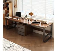Grand bureau d'ordinateur de jeu double avec tiroirs pour 2 personnes Finition noyer Station de travail spacieuse pour bureau à domicile Design ergonomique Gestion des câbles Construction robuste