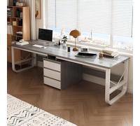 Grand bureau d'ordinateur de jeu double avec tiroirs pour deux personnes, station de travail en bois gris, pour bureau à domicile, table d'écriture et d'étude de 200 cm de long