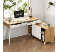 Grand Bureau en L avec Rangement, Table d'ordinateur d'Angle, 2 Tiroirs et Armoire à étagère, MDF et Acier, Design BUREAU