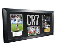 Grand cadre photo Cristiano Ronaldo Real Madrid avec logo CR7 découpé avec précision et dédicacé, cadre photo de football avec passe-partout noir