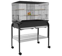PawHut Grand Cage Oiseaux, Cage Perroquet, volière Oiseaux intérieur extérieur, avec Support, roulettes pour cacatoès Perruche canaris Perroquet, Acier, 85 x 49 x 119 cm, Noir