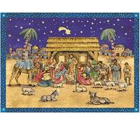 Grand Calendrier de l'Avent 24 portes 355 x 260 mm - Crèche de Noël en face de stable - avec Paillettes et translucide Windows Bible versets Derrière les portes - RS 70106 Serre-joint très - Design Antique Allemand traditionnel