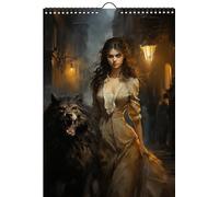 Grand calendrier mural 2025 Pinup Sorcières et bêtes effrayantes loup-garou thriller - Poster d'illustration vintage ~ 12 pages 30,5 x 43,2 cm