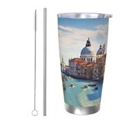 Grand canal in Italy Gobelet avec couvercle et paille en acier inoxydable pour boissons chaudes et froides - Tasse à café de voyage réutilisable pour boissons chaudes et froides - Cadeau