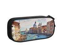 Grand Canal in Italy Trousse à crayons avec fermeture éclair lisse Grande trousse à crayons portable Sac de rangement pour fournitures scolaires et maquillage, Noir , Taille unique, Trousse de beauté