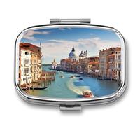 Grand Canal in ItalyPilulier avec miroir, pilulier de voyage en métal à 2 compartiments pour médicaments quotidiens, design compact et artistique pour sac à main, poche ou portefeuille