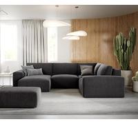 Grand canapé d’angle Lanzo 300x210 cm microfibre noir méridienne réversible avec pouf