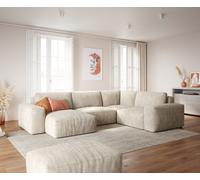 Grand canapé d’angle Lanzo 300x210 cm velours côtelé beige méridienne réversible avec pouf