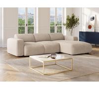 Grand canapé d'angle droit convertible en tissu côtelé fines côtes beige POGNI de Maison Céphy