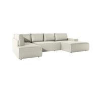 Grand canapé d'angle droit panoramique convertible en velours côtelé beige AMELIA