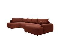 Grand canapé d'angle gauche panoramique convertible en tissu texturé terracotta DAVISO