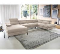 Grand canapé d'angle gauche panoramique convertible en velours beige SEPINA