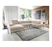 Grand canapé d'angle gauche panoramique convertible en velours beige SEPINA de