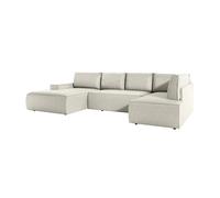 Grand canapé d'angle gauche panoramique convertible en velours côtelé beige AMELIA