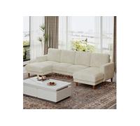 Grand canapé d'angle panoramique - 4 places - méridienne 109cm - en velours côtelé - 269x140x86 - Beige