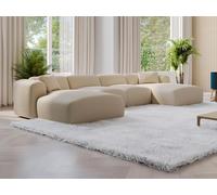 Grand canapé d'angle panoramique en tissu texturé beige POGNI de Maison Céphy