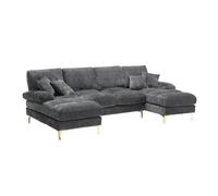 Grand canapé sectionnel en forme de U en chenille moderne avec doubles sièges inclinables pour salon, chambre, bureau, appartement, villa, salon, Gris