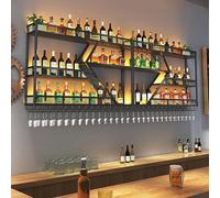 Grand casier à vin mural avec lumière LED, étagères flottantes en métal, présentoir pour bouteilles d'alcool et porte-gobelet à suspendre