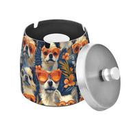 Grand cendrier avec couvercle en acier inoxydable pour la maison, le bureau, la terrasse, le balcon - Chihuahua esthétique - Bleu marine - Joli cendrier sans fumée avec housse pour les amateurs de