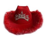 Grand chapeau de cowboy à LED pour femme avec bord en plumes pour l'hiver et l'automne élégant en feutre avec mentonnière réglable Chapeaux de cowgirl pour femme Couleur unie avec guirlande Couleur