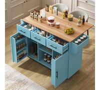 Grand chariot à manger/buffet 139 x 46 (71) x 91,5 cm, îlot de cuisine sur roulettes, corps bleu + plan de travail en grain de bois massif, plan de travail pliable, portes de rangement avec étagères