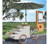 Grand chariot de distribution de tricycle avec parapluie, chariot mobile à chargement frontal, vélo de nourriture, tiroir de rangement de grande capacité, design à corps ouvert