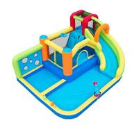 Grand château gonflable avec toboggan aquatique, trampoline, mur d'escalade, panier de basket, jeu de lancer, mur de points, bassin d'eau, pistolets à eau, avec ventilateur de 450 W, aire de jeu en
