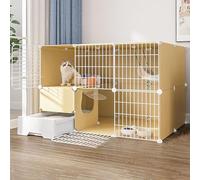 Grand clapier à deux niveaux pour lapins et chats - Enclos intérieur/extérieur pour petits animaux avec porte, bac à litière, enclos d'exercice à monter soi-même pour chatons, lapins et chin