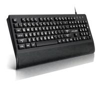 Grand clavier imprimé, clavier filaire USB avec repose-poignet et housse anti-poussière incluse - Clavier 104 touches pleine taille facile à voir, noir avec lettres blanches, pour personnes âgées