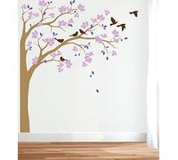 Grand coin arbre sticker mural avec de grandes fleurs, des oiseaux et des feuilles de chambre d'enfants art mural autocollant mural 087 (Branches à droite, Marron Clair, Lavande, Lilas, Marron)