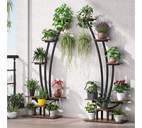 Grand Coin étagère de Stockage Support for Plantes d'intérieur en métal à 6 Niveaux avec 2 Crochets en S, Design incurvé, Lot de 2, Marron
