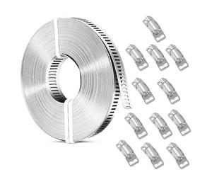 Grand collier de serrage réglable de 10 mètres en acier inoxydable avec 8 fixations, fixations à vis métalliques et cerclage pour tuyau, conduit, poteau, tube
