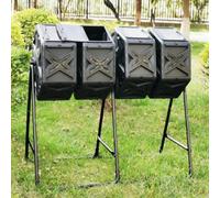 Grand composteur d'extérieur rotatif avec portes coulissantes, cadre en métal et bol en polyéthylène à 4 compartiments pour le recyclage des déchets de jardin et de cuisine