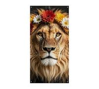 Grand couvre-porte d'été avec lion africain portant une fleur sur sa tête - Grande bannière à suspendre - Pour porte d'entrée, fête, printemps, intérieur et extérieur