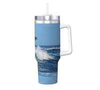 Grand dauphin,Gobelet isotherme Ice Bully de 40 oz avec poignée, couvercle et paille, en acier inoxydable, pour voiture ou café.