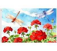Grand Drapeau Bienvenue au printemps et à l'été ! Libellules, fleurs | rouges, géraniums, ciel bleu. Pavillon CéLéBrations 3x5 FT Couleur Vive Grande Drapeau Double Face Bannière