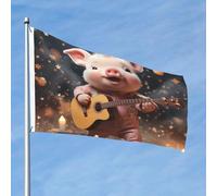 Grand drapeau d'extérieur double face avec 2 œillets en laiton - Motif cochon jouant de la guitare - Pour toutes les saisons - Pour jardin, cour, pelouse, décoration extérieure
