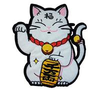 Grand Écusson Chat Blanc Porte Bonheur Patch Thermocollant Maneki Neko Levant la Patte à thermocoller japon à coller fer repasser applique animal à coudre chine chinois japonais t-shirt 24x21,8cm