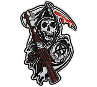 Grand Écusson Faucheuse Anarchie Patch Thermocollant Skull Badge tête de mort à Thermocollé transfert crane à coller fer à repasser applique biker brodé à coudre motard vêtement t-shirt veste 13x8,6cm