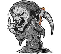 Grand Écusson Faucheuse Doigt D'honneur Patch Thermocollant Reaper Fuck à thermocoller transfert tête de mort skull à coller au fer à repasser applique crane brodé à coudre biker motard 15x12,5cm