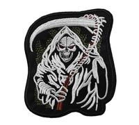 Grand Écusson Faucheuse Patch Thermocollant Squelette à thermocoller transfert skull à coller fer à repasser applique tête de mort brodé à coudre crane tshirt veste jeans vêtement biker motard 11x9cm