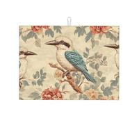 Grand égouttoir à vaisselle en microfibre réutilisable et lavable Motif trois petits oiseaux avec plumes bleues 45,7 x 61 cm