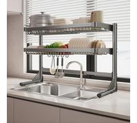 Grand égouttoir à vaisselle extensible à 2 niveaux pour planche à découper en acier inoxydable argenté avec design peu encombrant