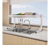 Grand égouttoir à vaisselle extensible à 2 niveaux pour planche à découper en acier inoxydable argenté avec design peu encombrant