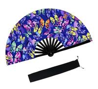 Grand Eventail de Rave, Éventail Pliable UV Glow, Clack Fan avec Pochette, Motif Papillon Evantail en Bambou, pour Festival de Musique, EDM, Drag Queen, Discothèque, Rave