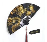 Grand éventail en bambou durable en forme de cœur Guanyin Sutra Dragon doré 25,4 cm