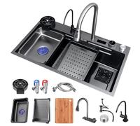 Grand évier cascade noir en acier inoxydable - Évier de cuisine intégré - Avec robinet extensible - Pour verres, tuyau d'évacuation, lieu de travail (80 x 50 x 22 cm)