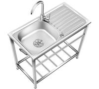 Grand Évier Cuisine 1 Bac avec Plate-Forme D'exploitation, Inox Autoportant avec Robinet et Support, Plonge Utilitaire pour Cuisine, Restaurant, Garage, Jardin