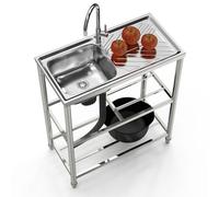 Grand évier de cuisine autoportant en acier inoxydable avec établi - Évier mobile pour camping, garage, buanderie, restaurant, robinets d'eau chaude et froide inclus