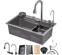 Grand évier de cuisine avec robinet cascade, pulvérisateur extractible, kit de vidange, évier en acier inoxydable à cuve unique (noir grisB, 80 x 45 cm)